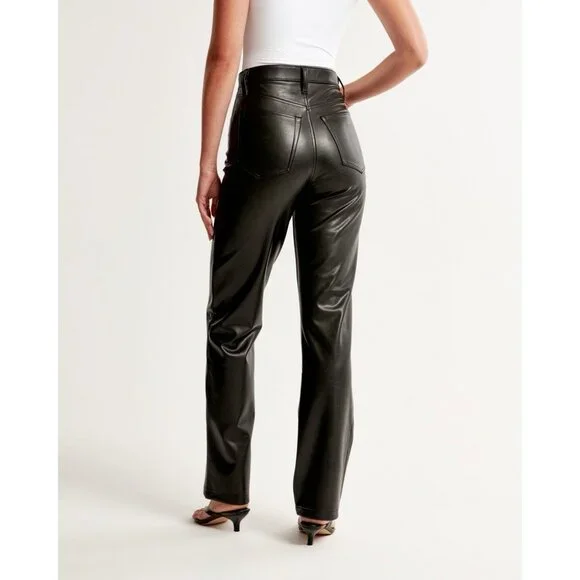 Abercrombie & Fitch Women 28/6 Curve Love Vegan Leather 90s Straight Pant Black - Picture 2 of 16